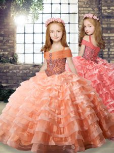  Orange Ball Gowns Beading and Ruffled Layers Kids Formal Wear Lace Up Organza Long Sleeves