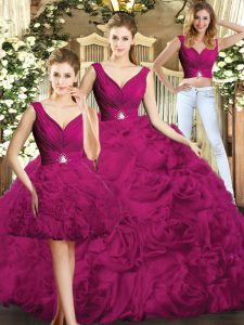 Fantastic Fuchsia Three Pieces Beading Quince Ball Gowns Backless Fabric With Rolling Flowers Sleeveless Floor Length