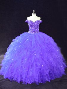 Wonderful Floor Length Purple Quinceanera Gowns Tulle Sleeveless Beading