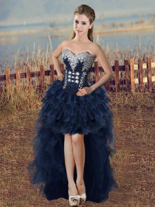 Fancy High Low A-line Sleeveless Navy Blue Prom Dresses Lace Up