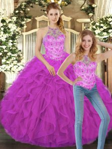  Fuchsia Sleeveless Floor Length Beading and Ruffles Lace Up 15th Birthday Dress