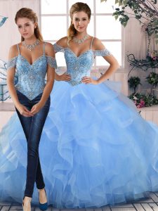 Custom Fit Blue Tulle Lace Up Quinceanera Gowns Sleeveless Floor Length Beading and Ruffles