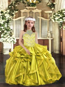  Yellow Green Lace Up Pageant Gowns For Girls Beading and Ruffles Sleeveless