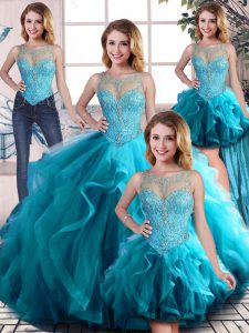  Sleeveless Tulle Floor Length Lace Up Quinceanera Gown in Aqua Blue with Beading and Ruffles