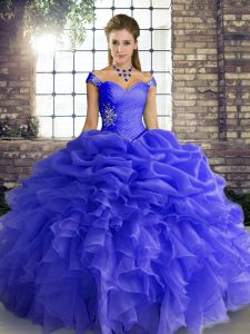  Blue Lace Up Off The Shoulder Beading and Ruffles and Pick Ups Ball Gown Prom Dress Organza Sleeveless