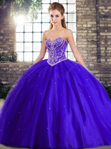 Modern Blue Quinceanera Gowns Tulle Brush Train Sleeveless Beading