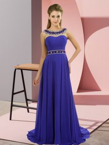  Sleeveless Chiffon Brush Train Zipper Prom Party Dress in Blue with Beading