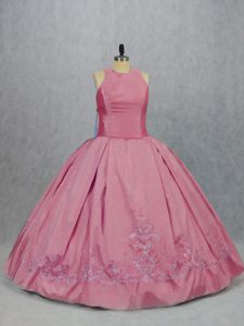 Sexy Pink Taffeta Zipper Scoop Sleeveless Floor Length 15th Birthday Dress Embroidery