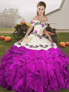 Vintage Floor Length White And Purple Sweet 16 Dress Organza Sleeveless Embroidery and Ruffles