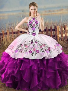  White And Purple Organza Lace Up Halter Top Sleeveless Floor Length 15 Quinceanera Dress Embroidery and Ruffles