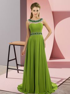 Simple Sleeveless Chiffon Brush Train Zipper Prom Party Dress in Olive Green with Beading