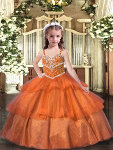  Straps Sleeveless Girls Pageant Dresses Floor Length Ruffled Layers Orange Organza