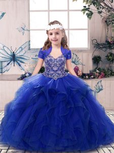  Royal Blue Ball Gowns Straps Sleeveless Tulle Floor Length Lace Up Beading and Ruffles Little Girls Pageant Dress