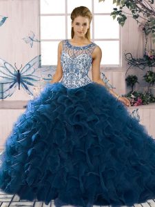 Cute Scoop Sleeveless Organza 15 Quinceanera Dress Beading and Ruffles Lace Up