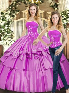 Spectacular Sleeveless Taffeta Floor Length Lace Up Quince Ball Gowns in Lilac with Beading