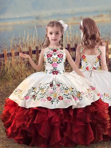  White And Red Scoop Neckline Embroidery and Ruffles Little Girl Pageant Dress Sleeveless Lace Up