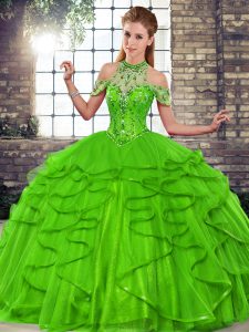 Trendy Ball Gowns Quinceanera Dress Green Halter Top Tulle Sleeveless Floor Length Lace Up