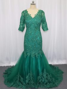 Flare Half Sleeves Tulle Brush Train Lace Up Homecoming Dress in Green with Lace and Appliques