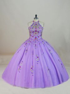 Romantic Lavender Tulle Lace Up Quinceanera Gown Sleeveless Brush Train Beading and Embroidery