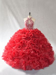 Chic Brush Train Ball Gowns Sweet 16 Dress Red Halter Top Organza Sleeveless Lace Up