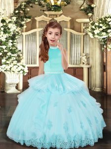Fantastic Aqua Blue Backless Halter Top Beading and Appliques Kids Formal Wear Tulle Sleeveless