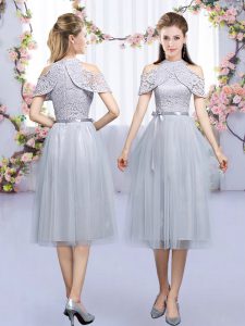 Edgy High-neck Sleeveless Quinceanera Court of Honor Dress Tea Length Lace and Belt Grey Tulle