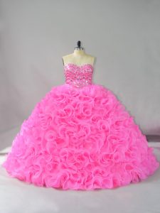 Fine Hot Pink Fabric With Rolling Flowers Lace Up Quinceanera Dresses Sleeveless Floor Length Beading and Ruffles
