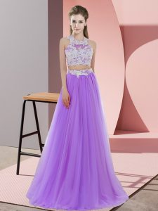Noble Lavender Sleeveless Floor Length Lace Zipper Quinceanera Court of Honor Dress