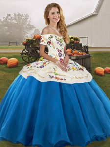 Discount Blue And White Tulle Lace Up Sweet 16 Quinceanera Dress Sleeveless Floor Length Embroidery