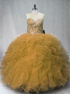  Olive Green Ball Gowns Beading and Ruffles Quinceanera Dress Lace Up Tulle Sleeveless Floor Length