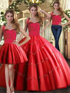  Red Three Pieces Appliques Quinceanera Gowns Lace Up Tulle Sleeveless Floor Length