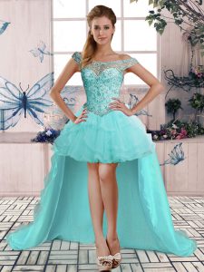 Most Popular Aqua Blue Tulle Lace Up Sleeveless High Low Beading and Ruffles
