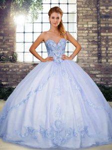 Affordable Lavender Tulle Lace Up Sweet 16 Quinceanera Dress Sleeveless Floor Length Beading and Embroidery