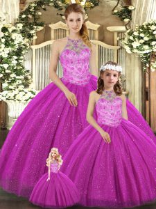  Sleeveless Floor Length Beading Lace Up Quinceanera Dresses with Fuchsia