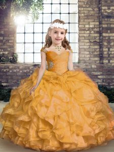 Top Selling Sleeveless Floor Length Beading and Ruffles Lace Up Kids Formal Wear with Gold