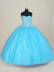  Aqua Blue Sleeveless Floor Length Beading Lace Up 15 Quinceanera Dress
