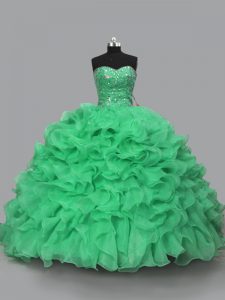  Green Ball Gowns Organza Halter Top Sleeveless Beading and Ruffles Floor Length Lace Up 15th Birthday Dress