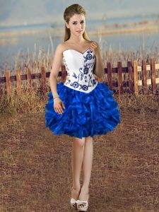  Blue And White Organza Lace Up Sweetheart Sleeveless Mini Length Prom Gown Embroidery and Ruffles