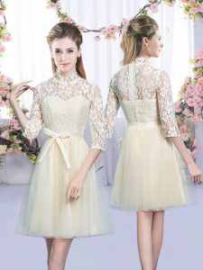 Ideal Mini Length Empire Half Sleeves Champagne Dama Dress for Quinceanera Lace Up