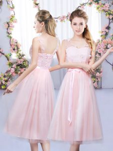 Low Price Baby Pink Tulle Lace Up Dama Dress for Quinceanera Sleeveless Tea Length Lace and Belt