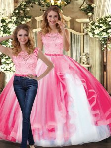 Eye-catching Hot Pink Sleeveless Tulle Clasp Handle Sweet 16 Dresses for Military Ball and Sweet 16 and Quinceanera