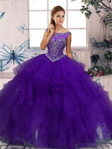  Sleeveless Floor Length Beading and Ruffles Zipper Quince Ball Gowns with Purple