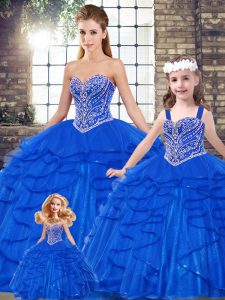  Floor Length Lace Up 15th Birthday Dress Royal Blue for Military Ball and Sweet 16 and Quinceanera with Beading and Ruffles