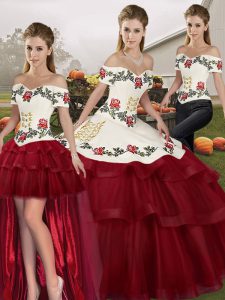 Hot Sale Wine Red Quinceanera Gown Military Ball and Sweet 16 and Quinceanera with Embroidery and Ruffled Layers Off The Shoulder Sleeveless Brush Train Lace Up