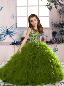  Olive Green Ball Gowns Scoop Sleeveless Organza Floor Length Lace Up Beading and Ruffles Pageant Gowns For Girls