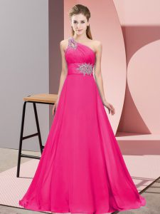  One Shoulder Sleeveless Evening Dress Floor Length Beading Hot Pink Chiffon