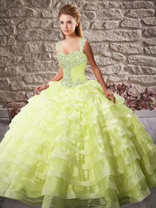 Top Selling Yellow Green Sweet 16 Quinceanera Dress Organza Court Train Sleeveless Beading and Ruffled Layers