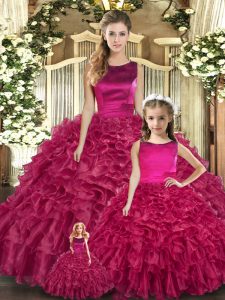  Floor Length Fuchsia Sweet 16 Dresses Scoop Sleeveless Lace Up