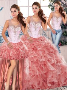Custom Fit Watermelon Red Clasp Handle Scoop Beading and Ruffles Quince Ball Gowns Organza Sleeveless