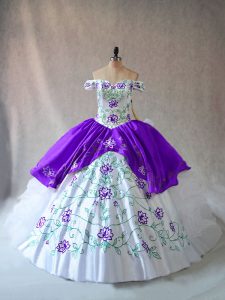  Ball Gowns Sweet 16 Dress White And Purple Off The Shoulder Organza Sleeveless Floor Length Lace Up